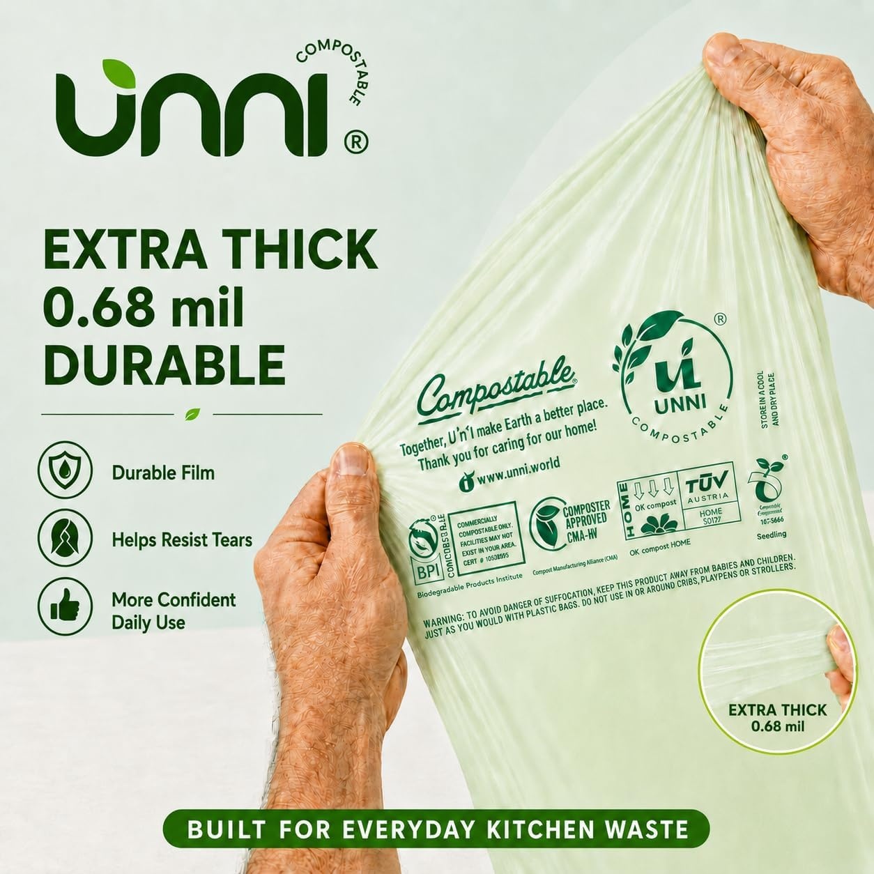 image:imageUNNI 3 Gallon Compostable Trash Bags with Tie Handles 100 Count Small Food Scrap Kitchen Compost Bags for Countertop Bin Certified by BPI CMA amp OK compost HOME Meets ASTM D64003 Gallon