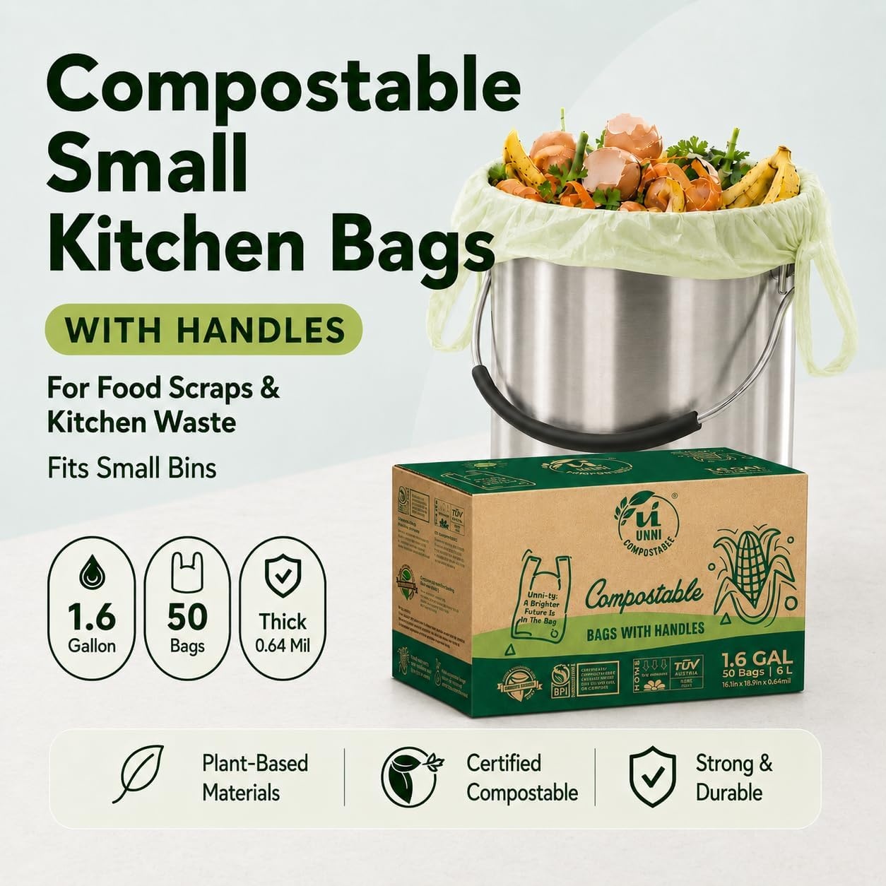 image:imageUNNI 3 Gallon Compostable Trash Bags with Tie Handles 100 Count Small Food Scrap Kitchen Compost Bags for Countertop Bin Certified by BPI CMA amp OK compost HOME Meets ASTM D640016 Gallon