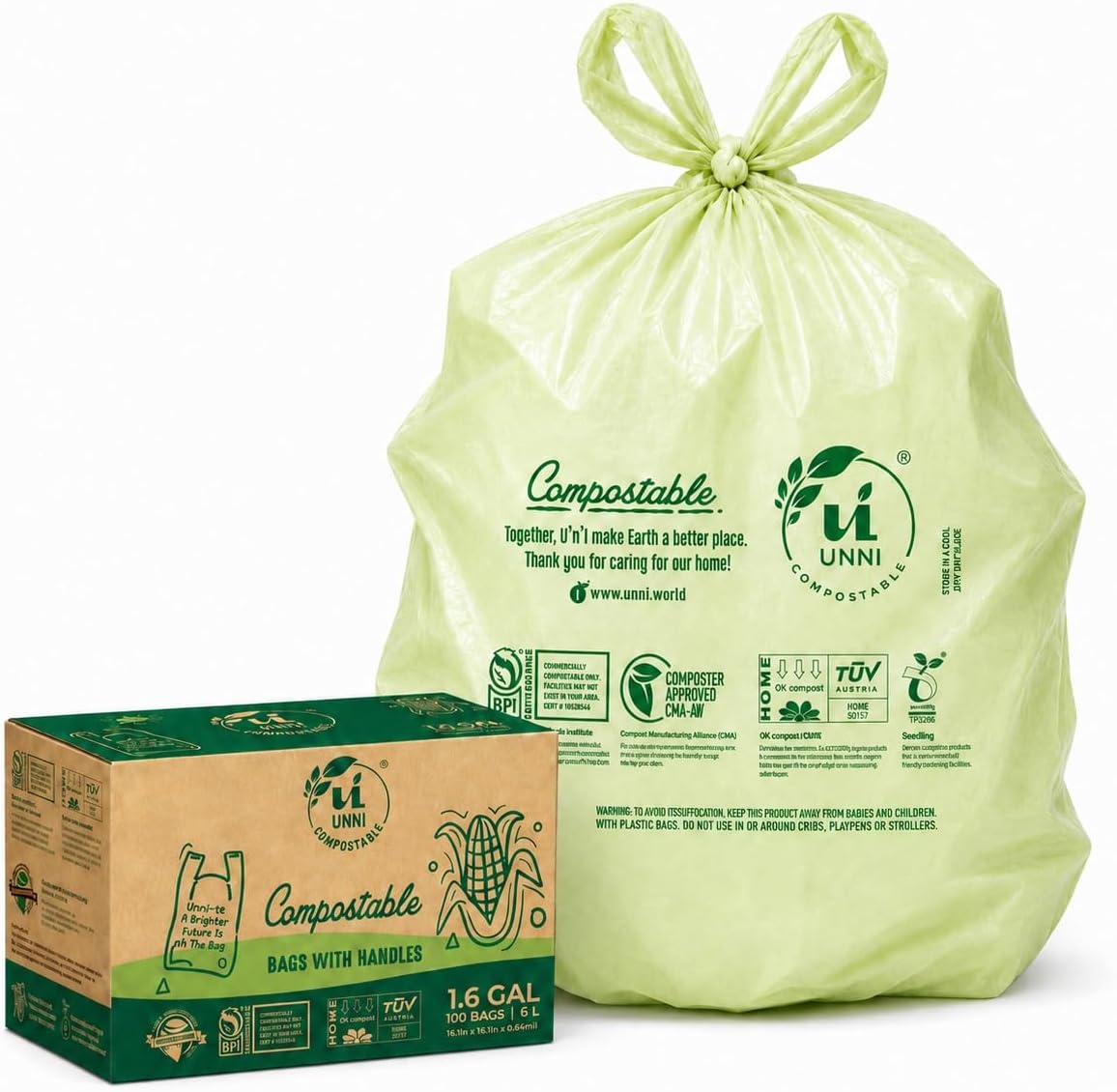 image:imageUNNI 3 Gallon Compostable Trash Bags with Tie Handles 100 Count Small Food Scrap Kitchen Compost Bags for Countertop Bin Certified by BPI CMA amp OK compost HOME Meets ASTM D640016 Gallon