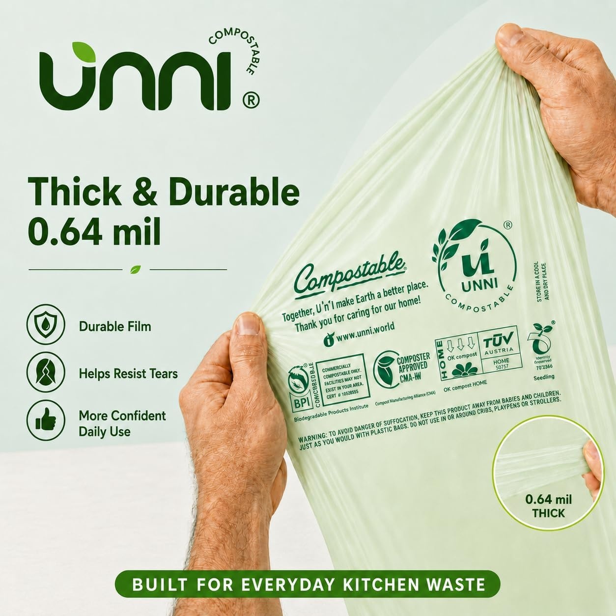 image:imageUNNI 3 Gallon Compostable Trash Bags with Tie Handles 100 Count Small Food Scrap Kitchen Compost Bags for Countertop Bin Certified by BPI CMA amp OK compost HOME Meets ASTM D640016 Gallon