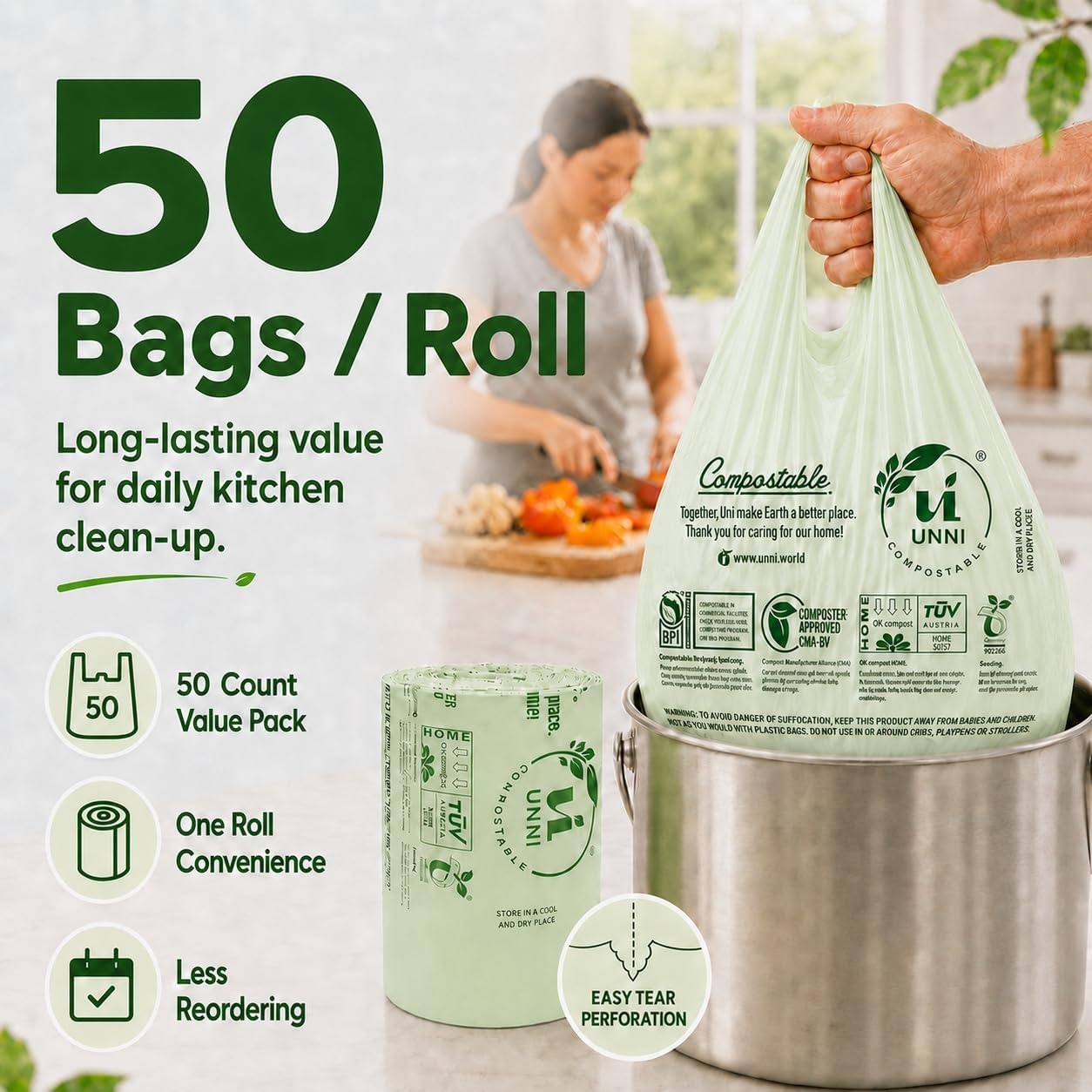 image:imageUNNI 3 Gallon Compostable Trash Bags with Tie Handles 100 Count Small Food Scrap Kitchen Compost Bags for Countertop Bin Certified by BPI CMA amp OK compost HOME Meets ASTM D640016 Gallon