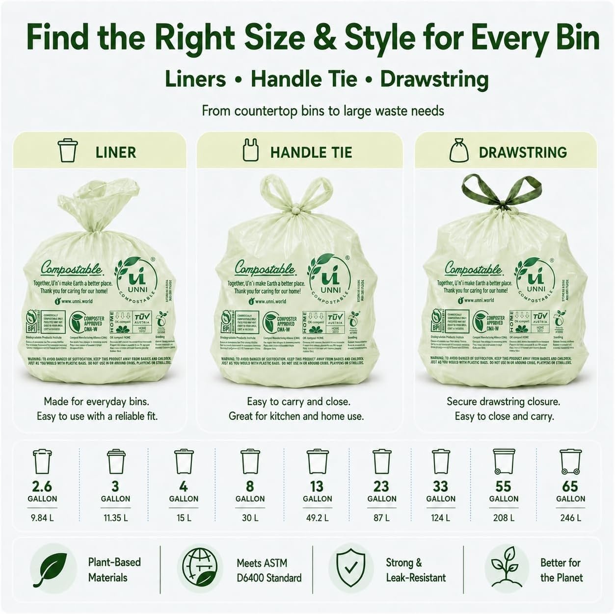 image:imageUNNI 3 Gallon Compostable Trash Bags with Tie Handles 100 Count Small Food Scrap Kitchen Compost Bags for Countertop Bin Certified by BPI CMA amp OK compost HOME Meets ASTM D64004 Gallon