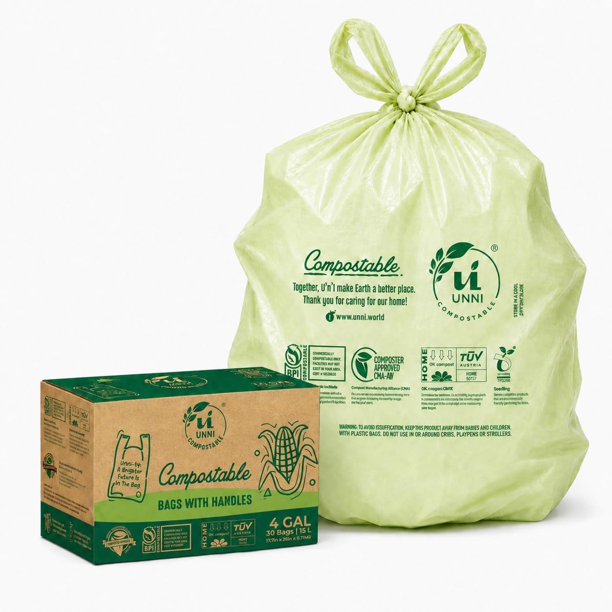 image:imageUNNI 3 Gallon Compostable Trash Bags with Tie Handles 100 Count Small Food Scrap Kitchen Compost Bags for Countertop Bin Certified by BPI CMA amp OK compost HOME Meets ASTM D64004 Gallon