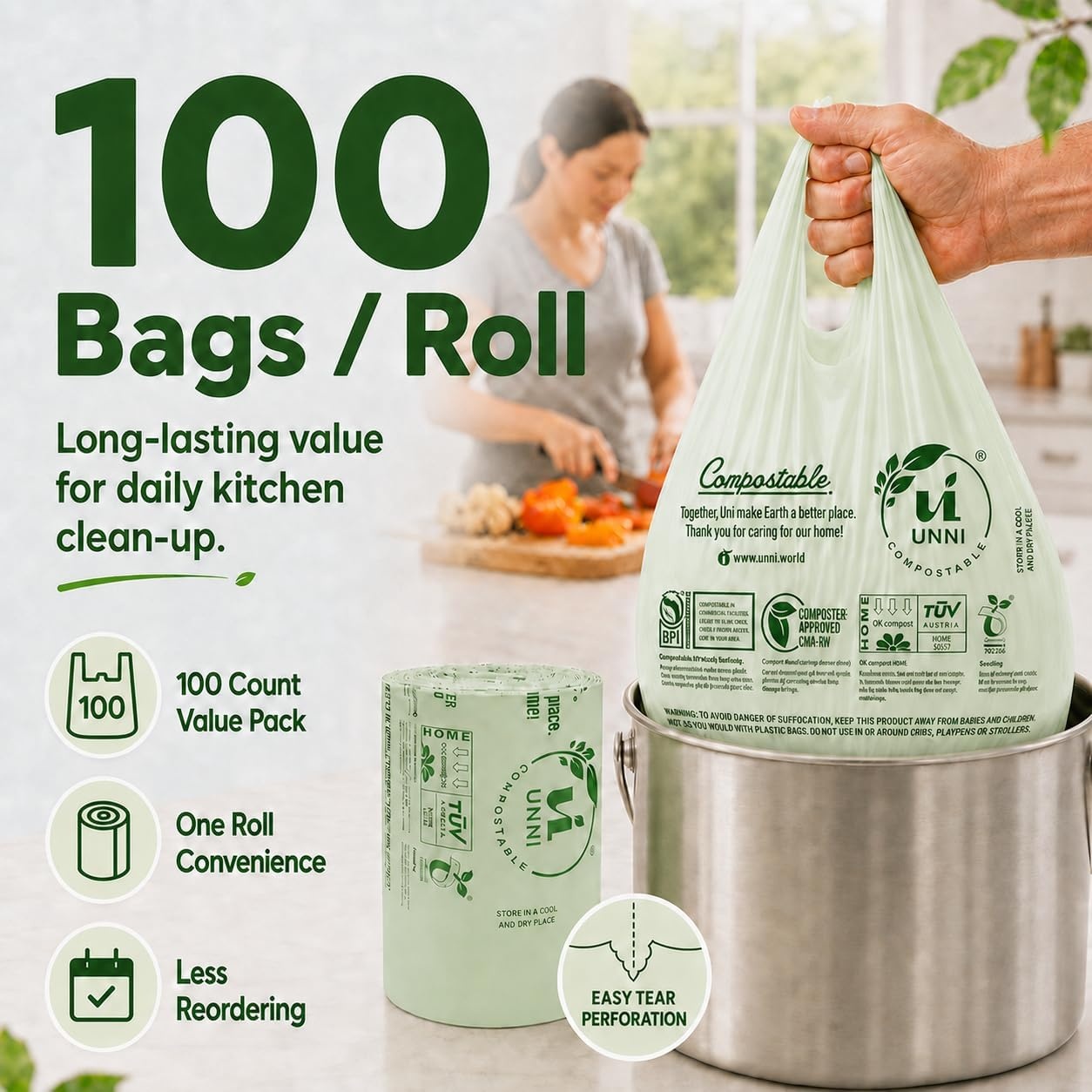 image:imageUNNI 3 Gallon Compostable Trash Bags with Tie Handles 100 Count Small Food Scrap Kitchen Compost Bags for Countertop Bin Certified by BPI CMA amp OK compost HOME Meets ASTM D640016 Gallon