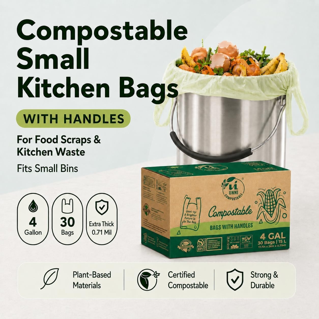 image:imageUNNI 3 Gallon Compostable Trash Bags with Tie Handles 100 Count Small Food Scrap Kitchen Compost Bags for Countertop Bin Certified by BPI CMA amp OK compost HOME Meets ASTM D64004 Gallon