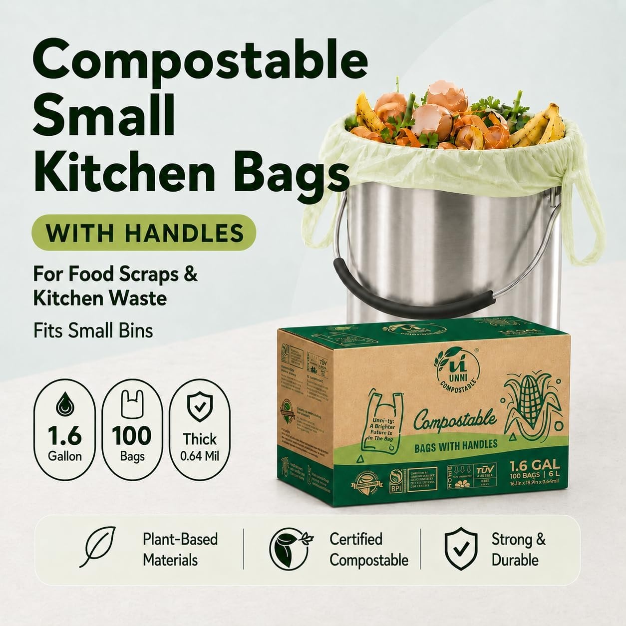 image:imageUNNI 3 Gallon Compostable Trash Bags with Tie Handles 100 Count Small Food Scrap Kitchen Compost Bags for Countertop Bin Certified by BPI CMA amp OK compost HOME Meets ASTM D640016 Gallon