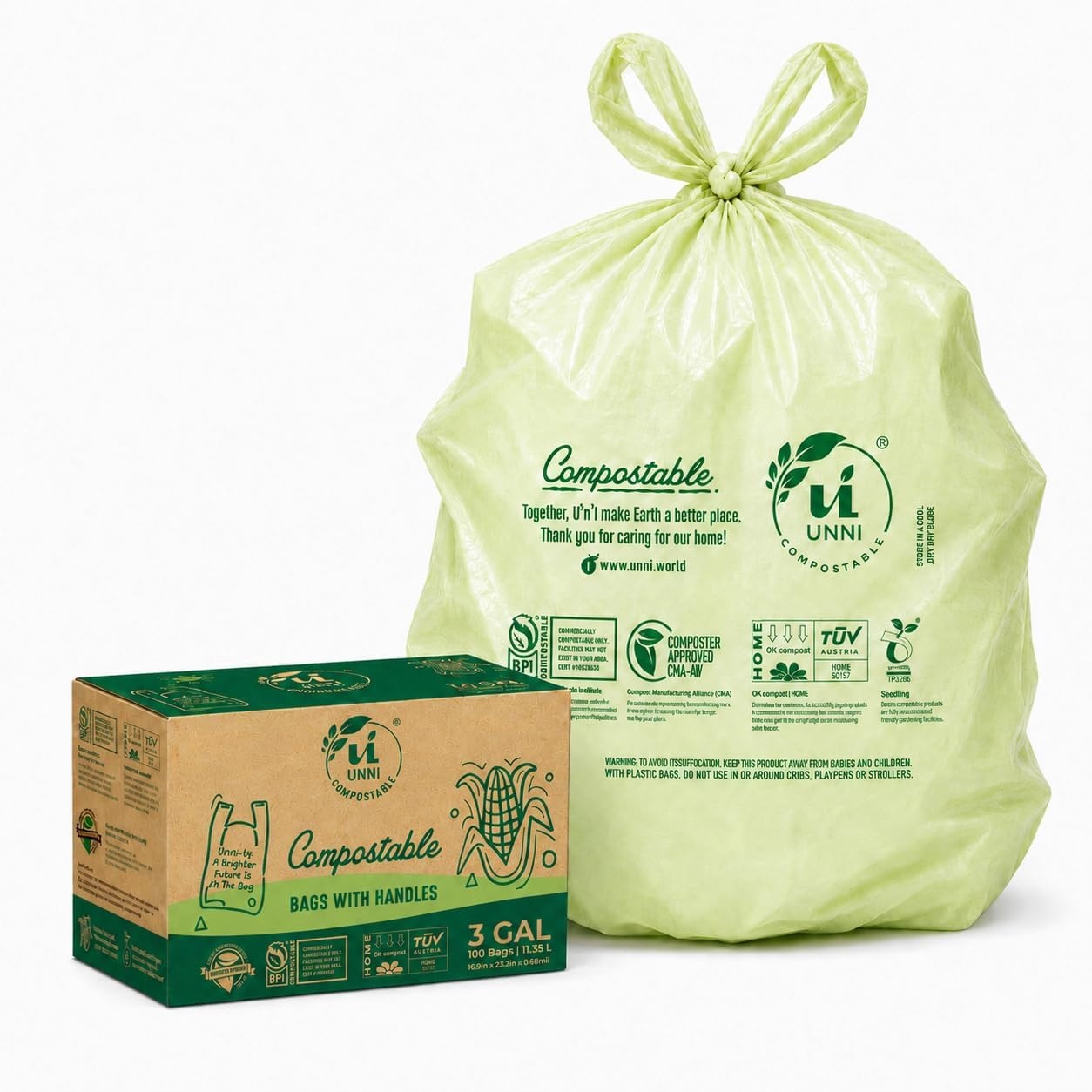 image:imageUNNI 3 Gallon Compostable Trash Bags with Tie Handles 100 Count Small Food Scrap Kitchen Compost Bags for Countertop Bin Certified by BPI CMA amp OK compost HOME Meets ASTM D64003 Gallon