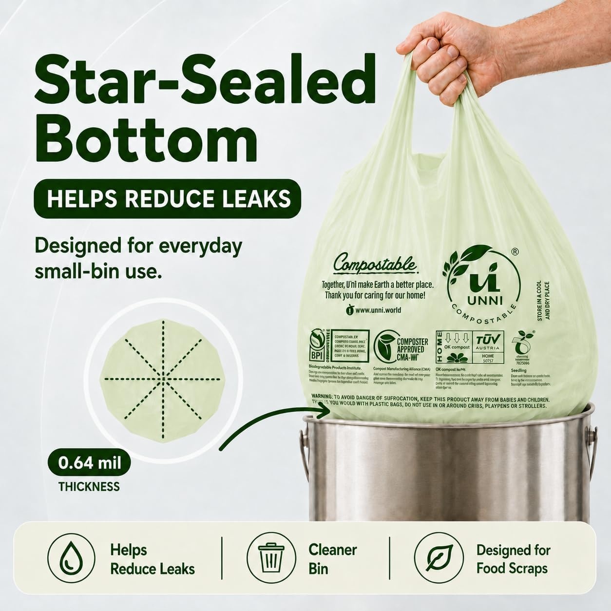 image:imageUNNI 3 Gallon Compostable Trash Bags with Tie Handles 100 Count Small Food Scrap Kitchen Compost Bags for Countertop Bin Certified by BPI CMA amp OK compost HOME Meets ASTM D64003 Gallon