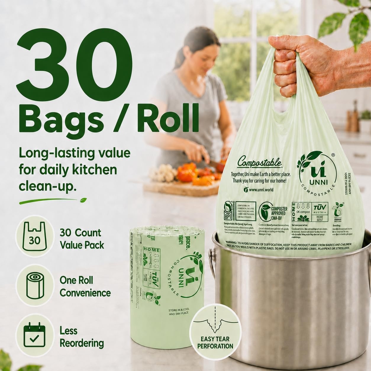 image:imageUNNI 3 Gallon Compostable Trash Bags with Tie Handles 100 Count Small Food Scrap Kitchen Compost Bags for Countertop Bin Certified by BPI CMA amp OK compost HOME Meets ASTM D64004 Gallon