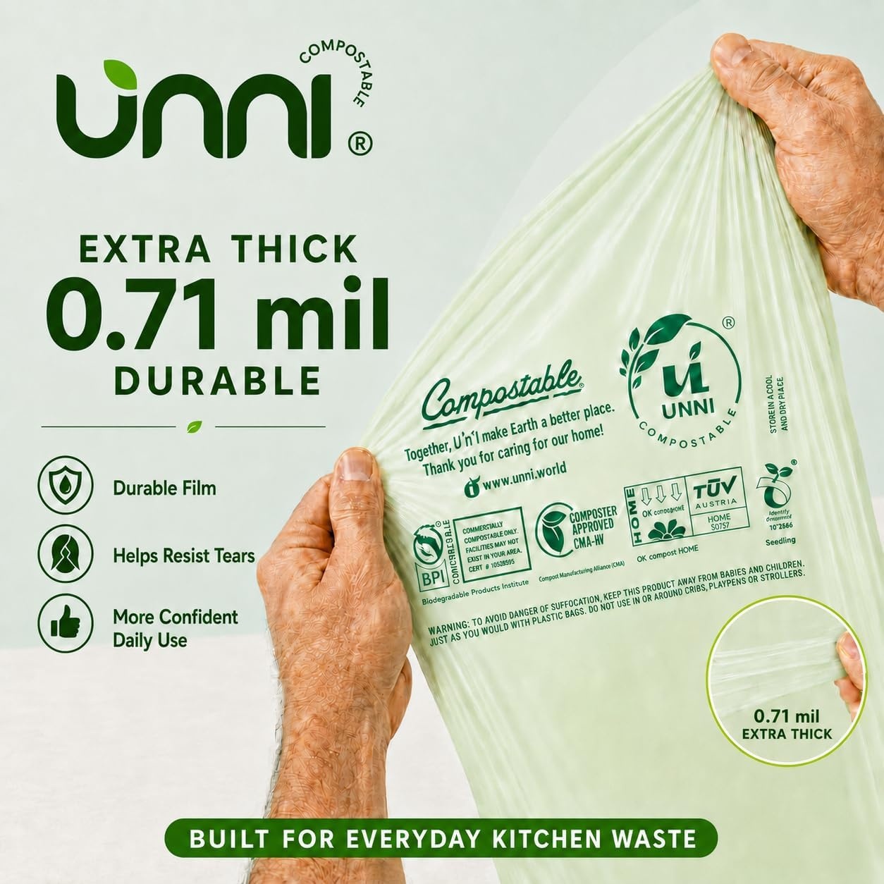 image:imageUNNI 3 Gallon Compostable Trash Bags with Tie Handles 100 Count Small Food Scrap Kitchen Compost Bags for Countertop Bin Certified by BPI CMA amp OK compost HOME Meets ASTM D64004 Gallon
