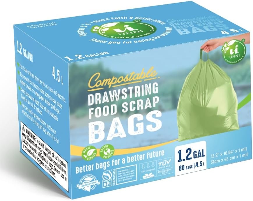 image:imageUNNI Compostable Drawstring Bags 2632 Gallon 1012 Liter 60 Count Heavy Duty 1 Mil Small Food Scrap Waste Bags with Drawstring Handle ASTM D6400 US BPI CMA amp Europe OK Compost Certified12 Gallon