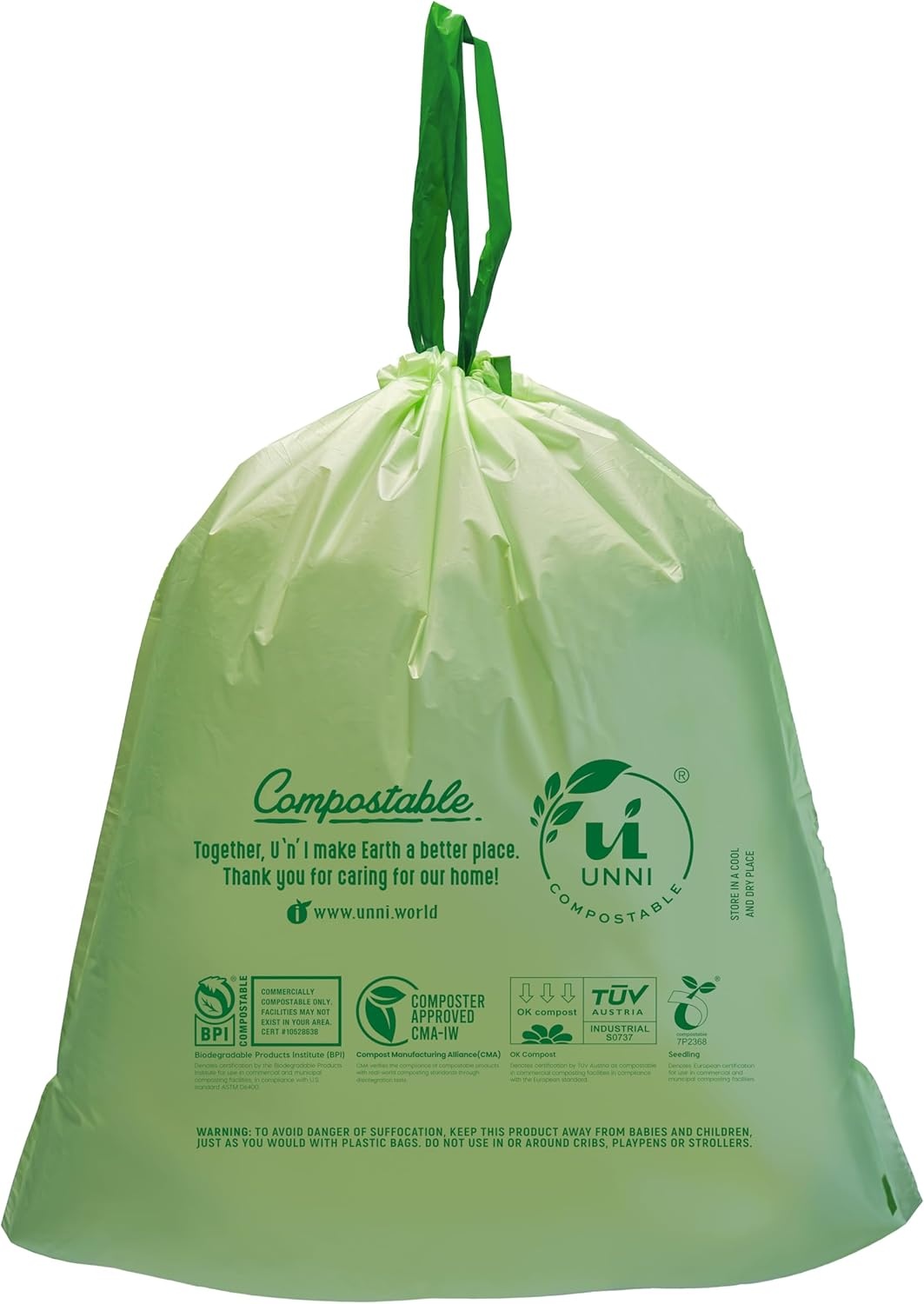 image:imageUNNI Compostable Drawstring Bags 2632 Gallon 1012 Liter 60 Count Heavy Duty 1 Mil Small Food Scrap Waste Bags with Drawstring Handle ASTM D6400 US BPI CMA amp Europe OK Compost Certified12 Gallon