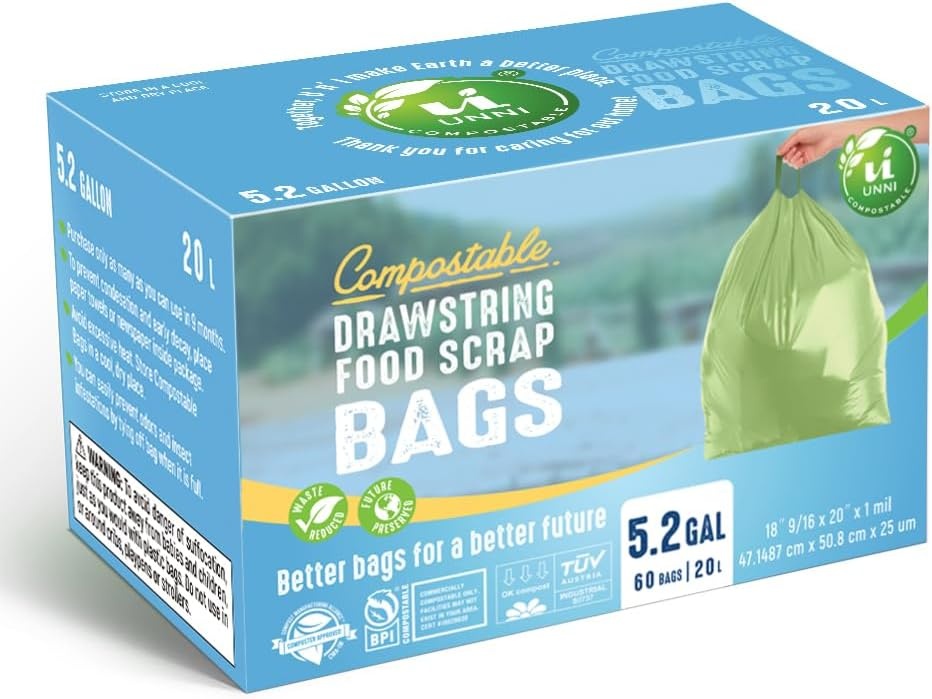 image:imageUNNI Compostable Drawstring Bags 2632 Gallon 1012 Liter 60 Count Heavy Duty 1 Mil Small Food Scrap Waste Bags with Drawstring Handle ASTM D6400 US BPI CMA amp Europe OK Compost Certified52 Gallon