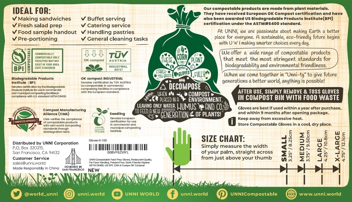 image:imageUNNI Compostable Food Prep Gloves For Food Handling ASTM D6400 US BPI CMA amp Europe OK Compost Certified100 Count Pack of 5