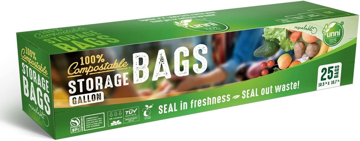 image:imageUNNI Compostable Storage Bags Gallon Resealable Compostable Food Storage Bags 25 Count105 x 107 inchesEarth Friendly Highest ASTM D6400US BPI CMA amp Europe OK Compost Certified San FranciscoGallon