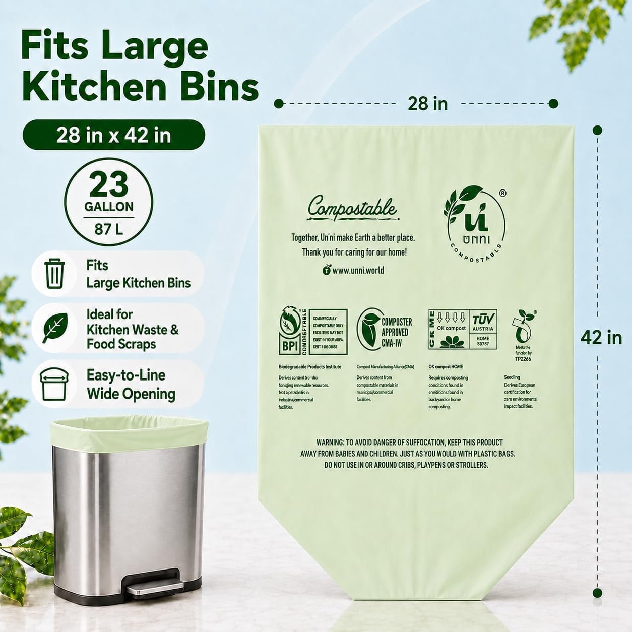 image:imageUNNI Compostable Trash Bags 3 Gallon 1135 Liter 100 Count Extra Thick 071 Mil Small Kitchen Food Scrap Bin Liners Certified by BPI CMA amp OK compost HOME Meets the ASTM D6400 Standard23 Gallon