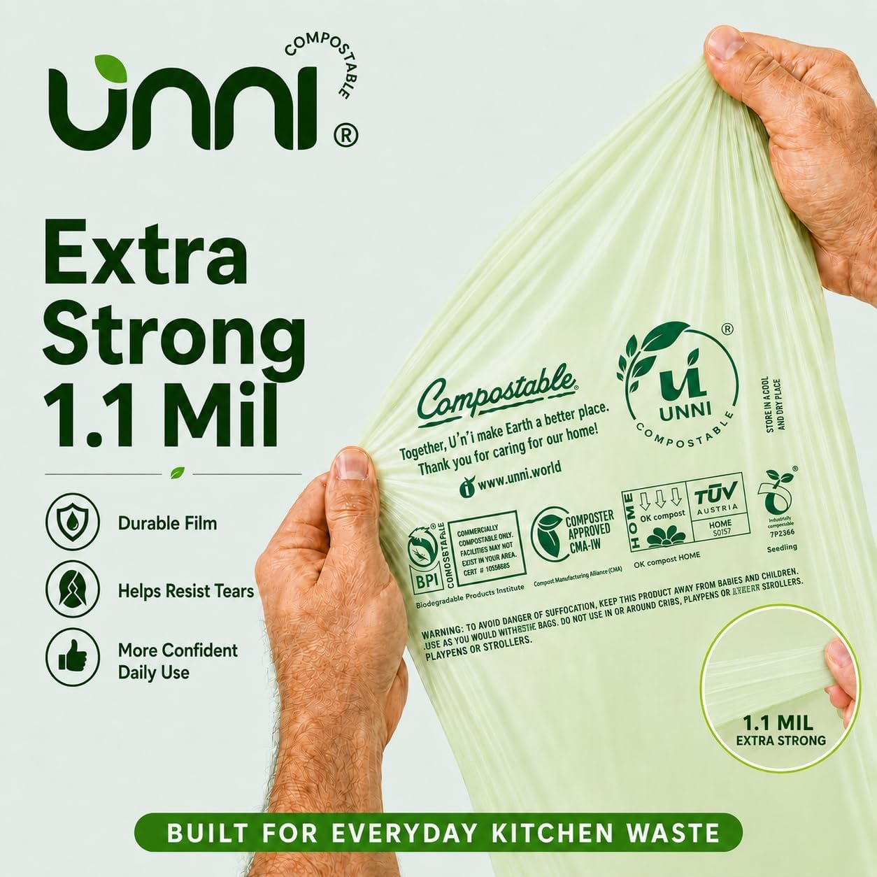 image:imageUNNI Compostable Trash Bags 3 Gallon 1135 Liter 100 Count Extra Thick 071 Mil Small Kitchen Food Scrap Bin Liners Certified by BPI CMA amp OK compost HOME Meets the ASTM D6400 Standard33 Gallon