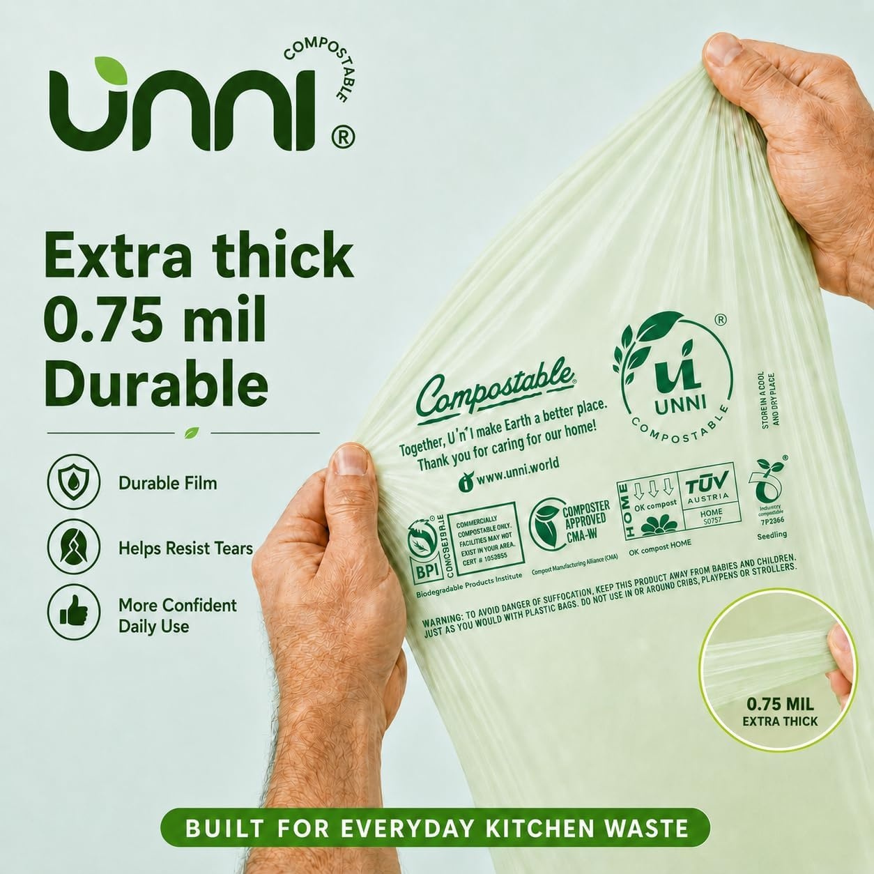 image:imageUNNI Compostable Trash Bags 3 Gallon 1135 Liter 100 Count Extra Thick 071 Mil Small Kitchen Food Scrap Bin Liners Certified by BPI CMA amp OK compost HOME Meets the ASTM D6400 Standard4 Gallon