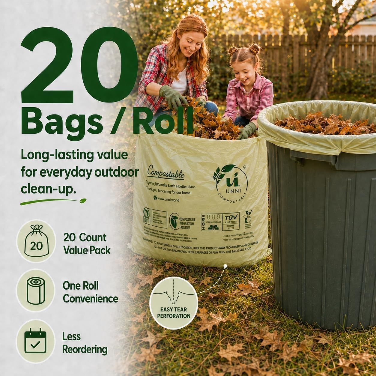 image:imageUNNI Compostable Trash Bags 3 Gallon 1135 Liter 100 Count Extra Thick 071 Mil Small Kitchen Food Scrap Bin Liners Certified by BPI CMA amp OK compost HOME Meets the ASTM D6400 Standard33 Gallon