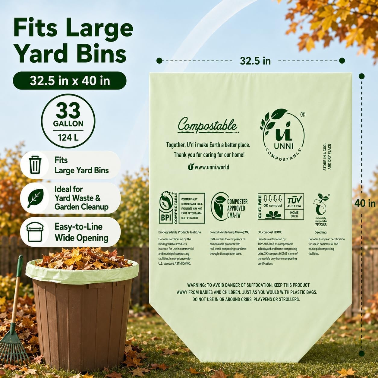 image:imageUNNI Compostable Trash Bags 3 Gallon 1135 Liter 100 Count Extra Thick 071 Mil Small Kitchen Food Scrap Bin Liners Certified by BPI CMA amp OK compost HOME Meets the ASTM D6400 Standard33 Gallon
