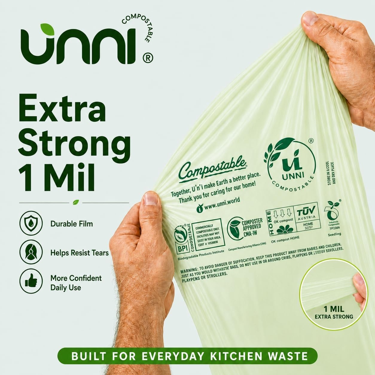 image:imageUNNI Compostable Trash Bags 3 Gallon 1135 Liter 100 Count Extra Thick 071 Mil Small Kitchen Food Scrap Bin Liners Certified by BPI CMA amp OK compost HOME Meets the ASTM D6400 Standard23 Gallon