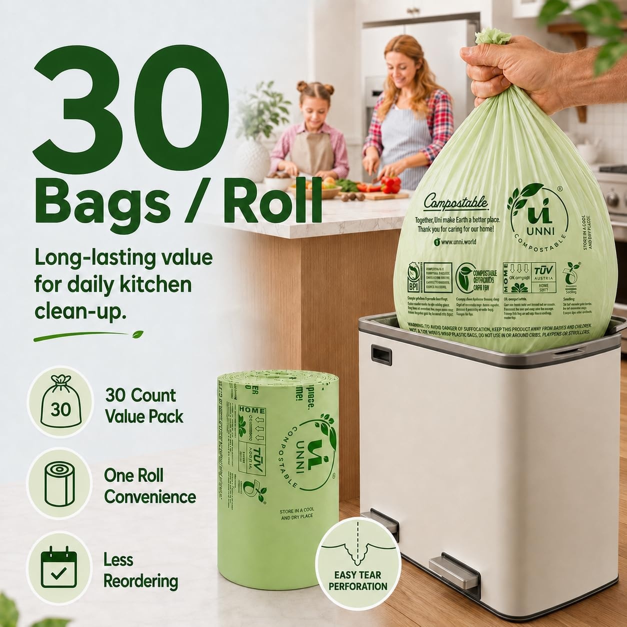 image:imageUNNI Compostable Trash Bags 3 Gallon 1135 Liter 100 Count Extra Thick 071 Mil Small Kitchen Food Scrap Bin Liners Certified by BPI CMA amp OK compost HOME Meets the ASTM D6400 Standard23 Gallon