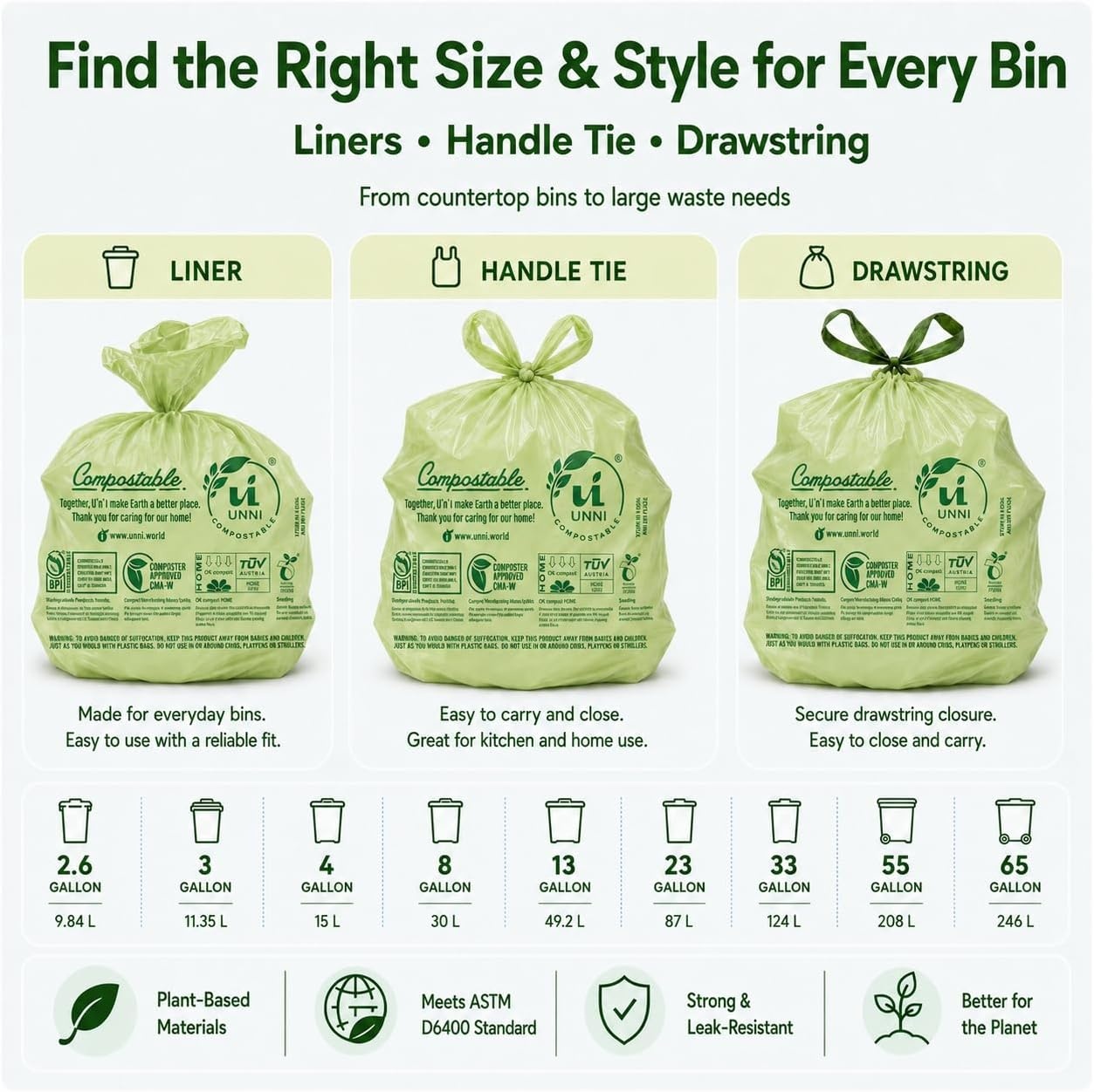 image:imageUNNI Compostable Trash Bags 3 Gallon 1135 Liter 100 Count Extra Thick 071 Mil Small Kitchen Food Scrap Bin Liners Certified by BPI CMA amp OK compost HOME Meets the ASTM D6400 Standard33 Gallon