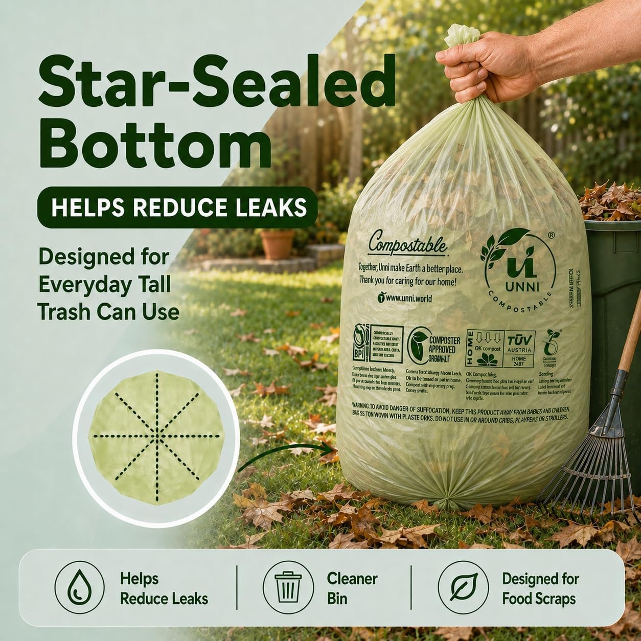image:imageUNNI Compostable Trash Bags 3 Gallon 1135 Liter 100 Count Extra Thick 071 Mil Small Kitchen Food Scrap Bin Liners Certified by BPI CMA amp OK compost HOME Meets the ASTM D6400 Standard33 Gallon