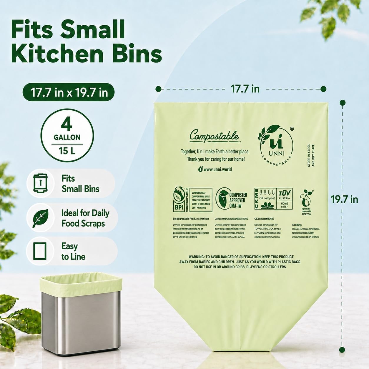 image:imageUNNI Compostable Trash Bags 3 Gallon 1135 Liter 100 Count Extra Thick 071 Mil Small Kitchen Food Scrap Bin Liners Certified by BPI CMA amp OK compost HOME Meets the ASTM D6400 Standard4 Gallon