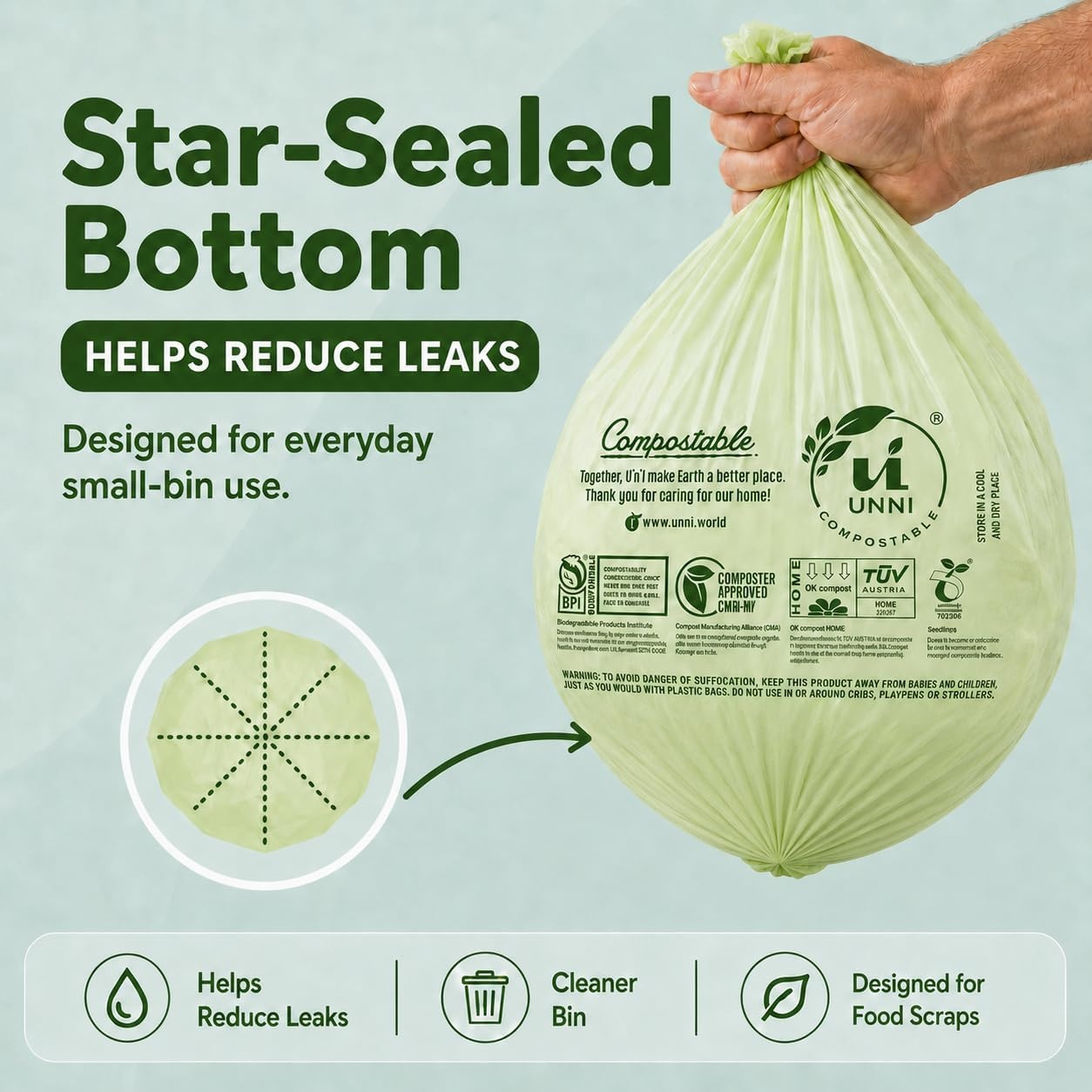 image:imageUNNI Compostable Trash Bags 3 Gallon 1135 Liter 100 Count Extra Thick 071 Mil Small Kitchen Food Scrap Bin Liners Certified by BPI CMA amp OK compost HOME Meets the ASTM D6400 Standard4 Gallon