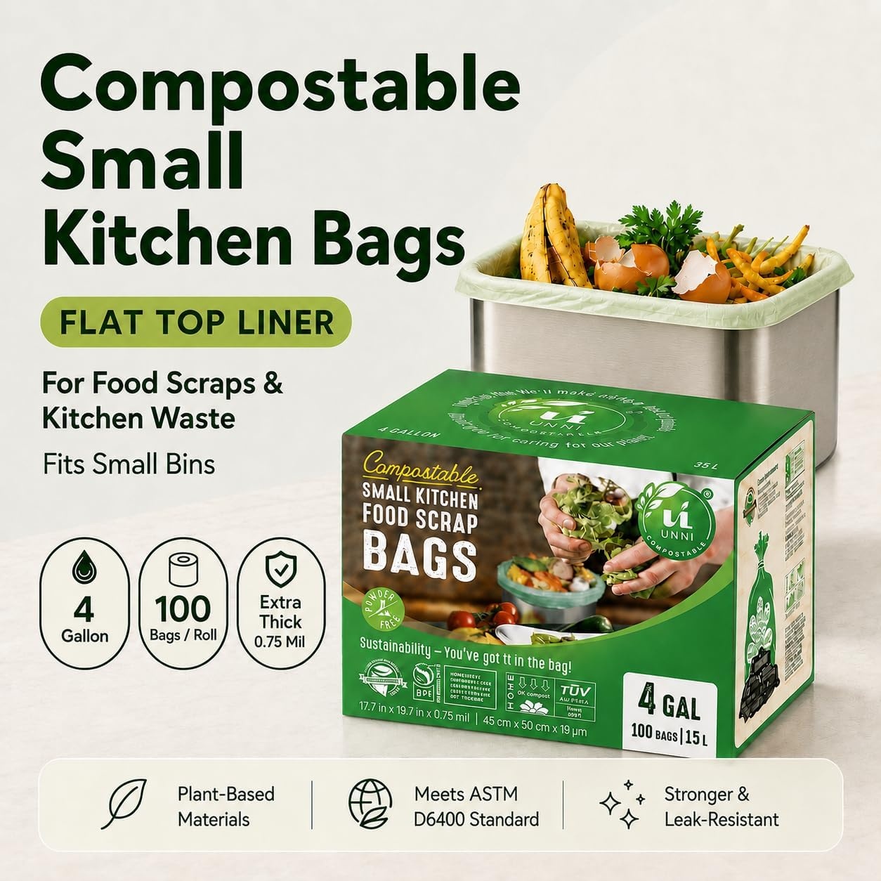 image:imageUNNI Compostable Trash Bags 3 Gallon 1135 Liter 100 Count Extra Thick 071 Mil Small Kitchen Food Scrap Bin Liners Certified by BPI CMA amp OK compost HOME Meets the ASTM D6400 Standard4 Gallon