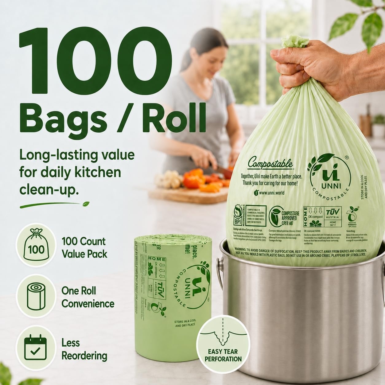 image:imageUNNI Compostable Trash Bags 3 Gallon 1135 Liter 100 Count Extra Thick 071 Mil Small Kitchen Food Scrap Bin Liners Certified by BPI CMA amp OK compost HOME Meets the ASTM D6400 Standard4 Gallon
