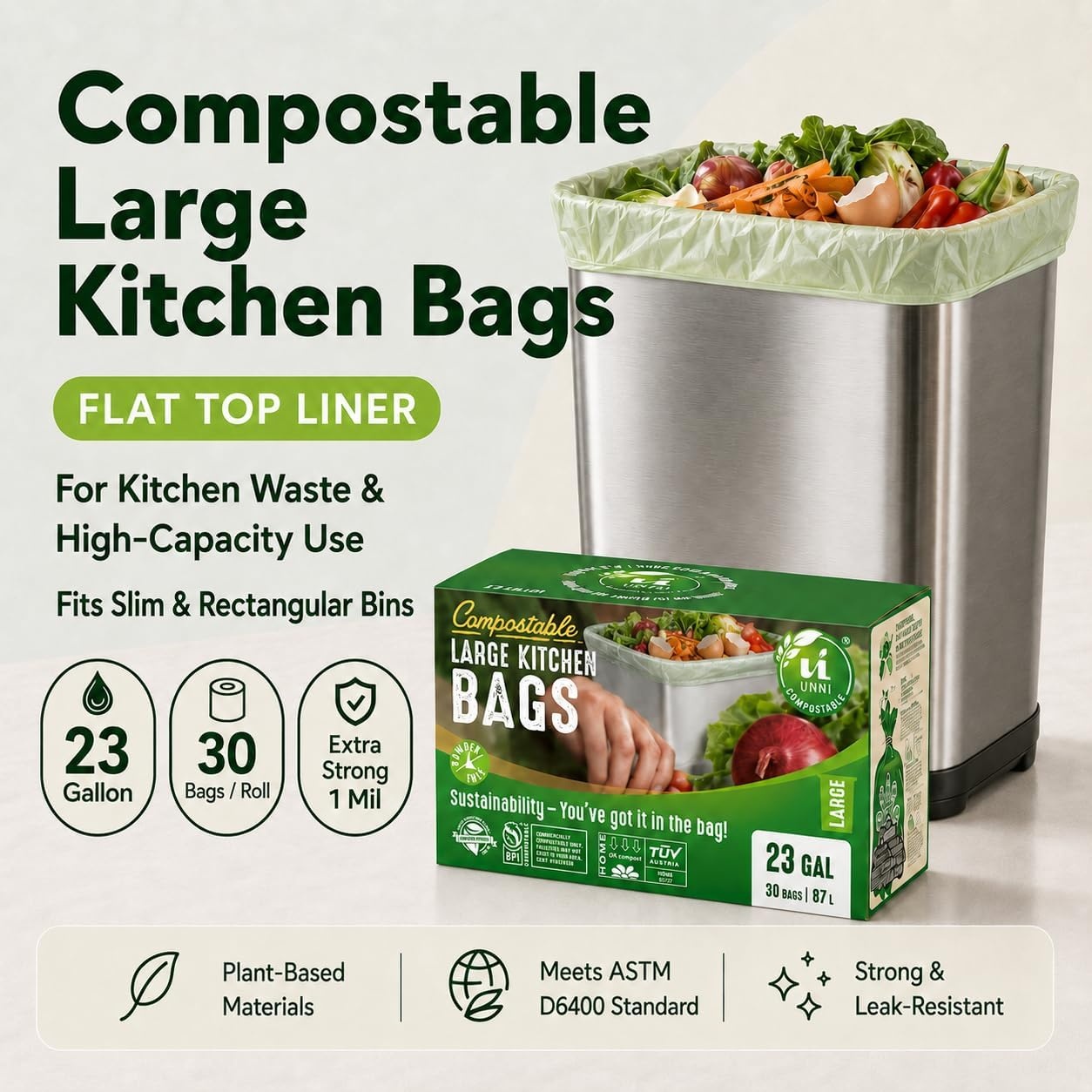 image:imageUNNI Compostable Trash Bags 3 Gallon 1135 Liter 100 Count Extra Thick 071 Mil Small Kitchen Food Scrap Bin Liners Certified by BPI CMA amp OK compost HOME Meets the ASTM D6400 Standard23 Gallon