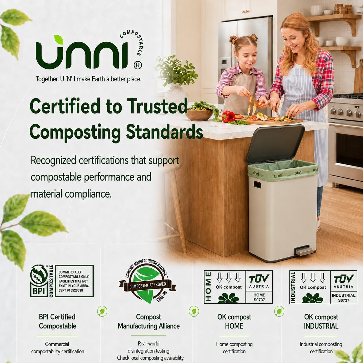 image:imageUNNI Compostable Trash Bags 3 Gallon 1135 Liter 100 Count Extra Thick 071 Mil Small Kitchen Food Scrap Bin Liners Certified by BPI CMA amp OK compost HOME Meets the ASTM D6400 Standard23 Gallon