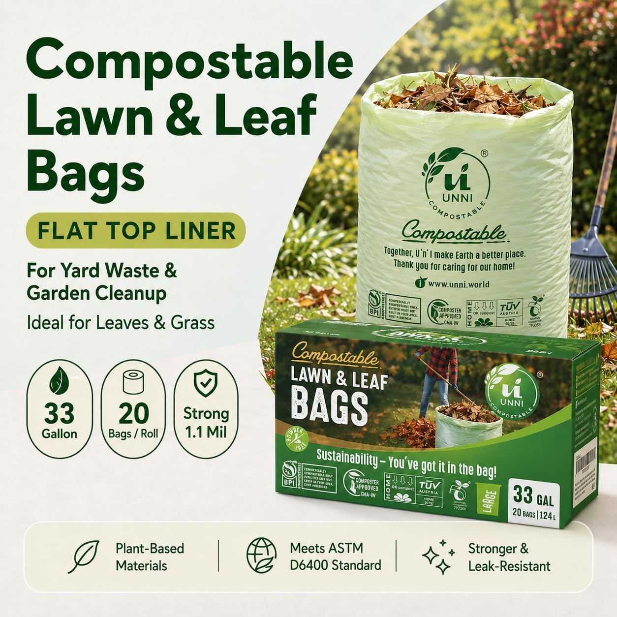 image:imageUNNI Compostable Trash Bags 3 Gallon 1135 Liter 100 Count Extra Thick 071 Mil Small Kitchen Food Scrap Bin Liners Certified by BPI CMA amp OK compost HOME Meets the ASTM D6400 Standard33 Gallon