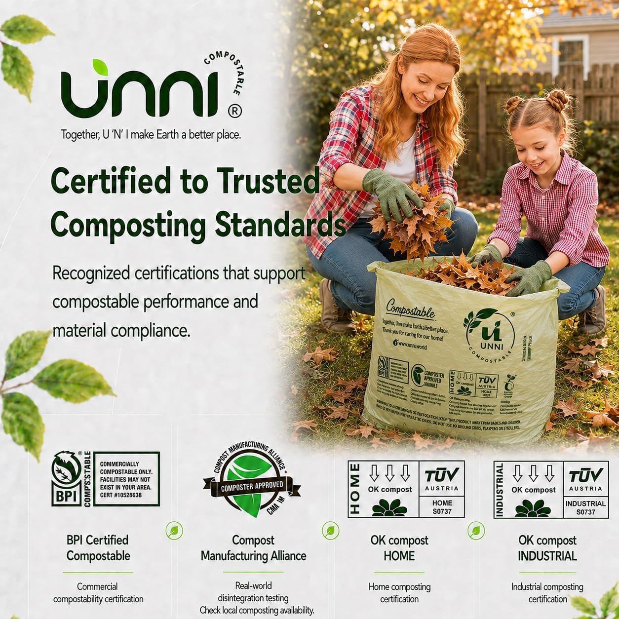 image:imageUNNI Compostable Trash Bags 3 Gallon 1135 Liter 100 Count Extra Thick 071 Mil Small Kitchen Food Scrap Bin Liners Certified by BPI CMA amp OK compost HOME Meets the ASTM D6400 Standard33 Gallon