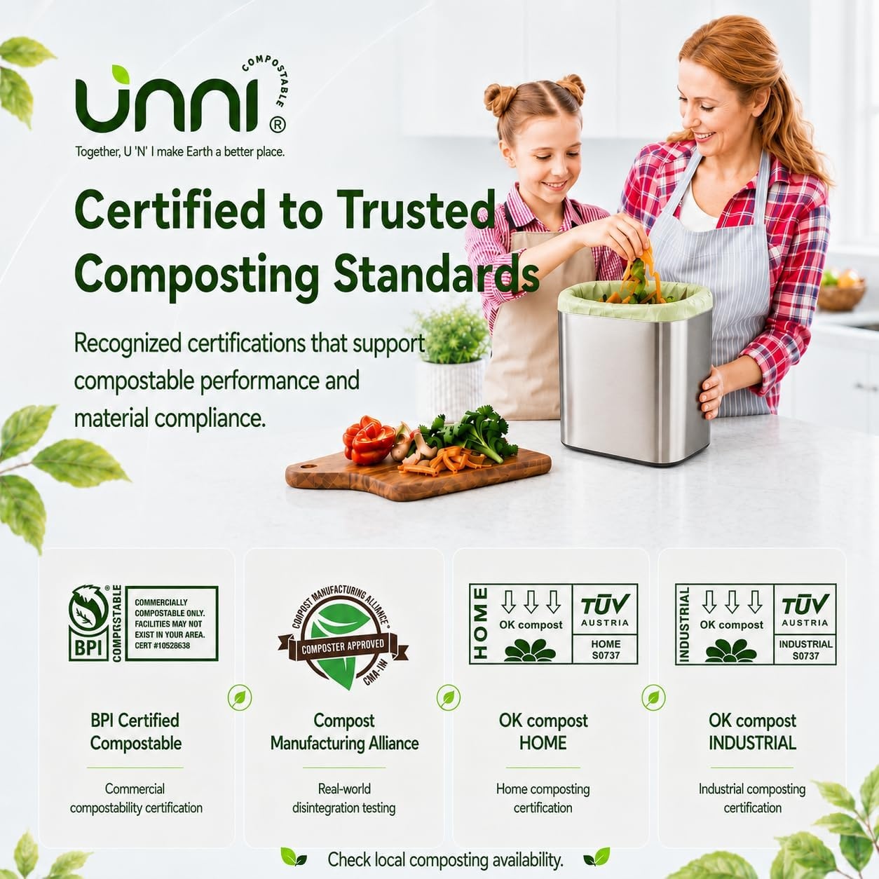 image:imageUNNI Compostable Trash Bags 3 Gallon 1135 Liter 100 Count Extra Thick 071 Mil Small Kitchen Food Scrap Bin Liners Certified by BPI CMA amp OK compost HOME Meets the ASTM D6400 Standard4 Gallon