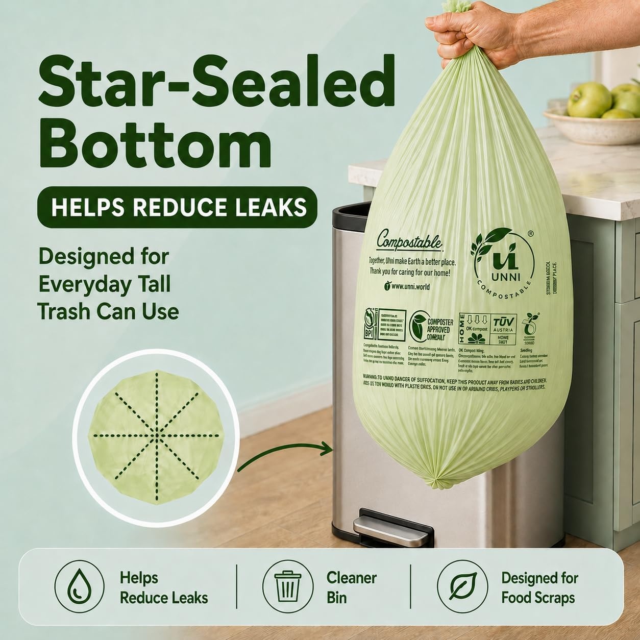 image:imageUNNI Compostable Trash Bags 3 Gallon 1135 Liter 100 Count Extra Thick 071 Mil Small Kitchen Food Scrap Bin Liners Certified by BPI CMA amp OK compost HOME Meets the ASTM D6400 Standard23 Gallon