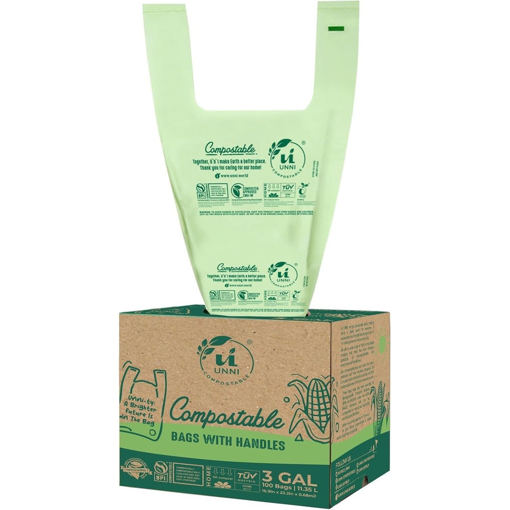 image:imageUNNI 3 Gallon Compostable Trash Bags with Tie Handles 100 Count Small Food Scrap Kitchen Compost Bags for Countertop Bin Certified by BPI CMA amp OK compost HOME Meets ASTM D64003 Gallon