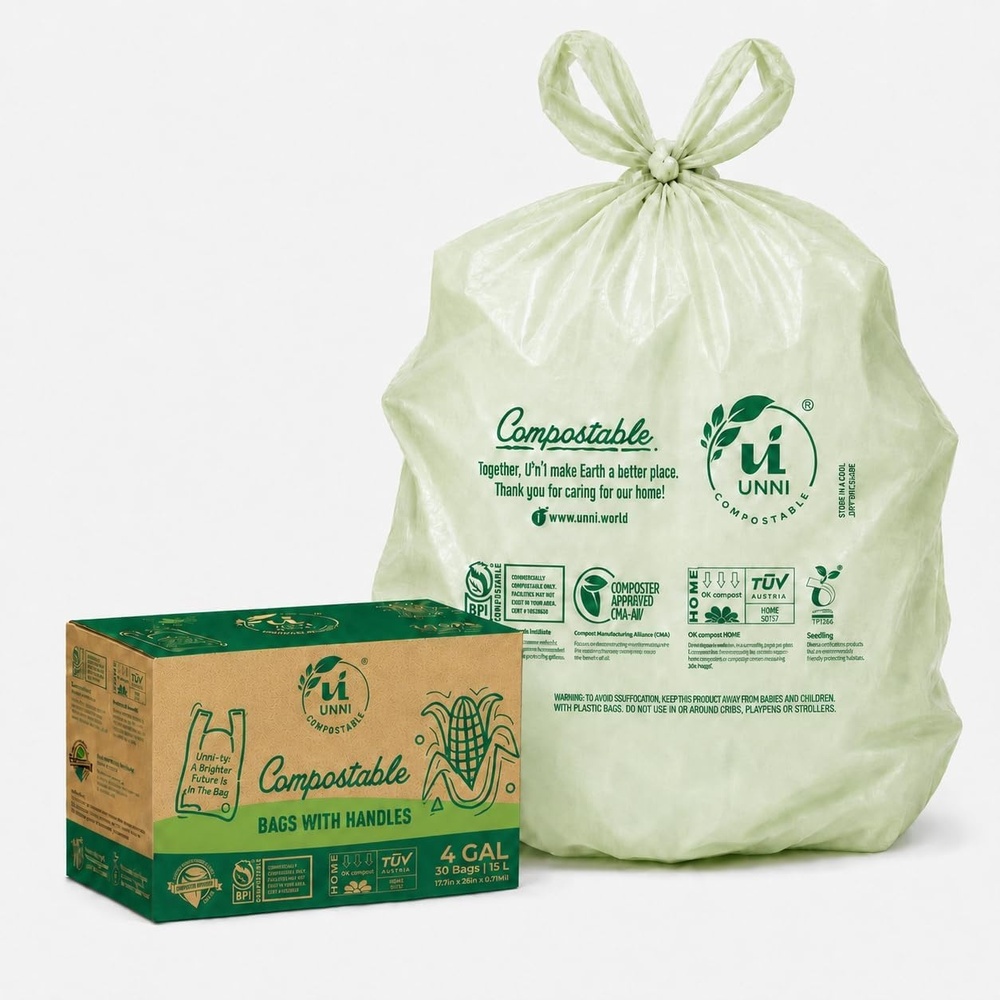image:imageUNNI 3 Gallon Compostable Trash Bags with Tie Handles 100 Count Small Food Scrap Kitchen Compost Bags for Countertop Bin Certified by BPI CMA amp OK compost HOME Meets ASTM D64004 Gallon