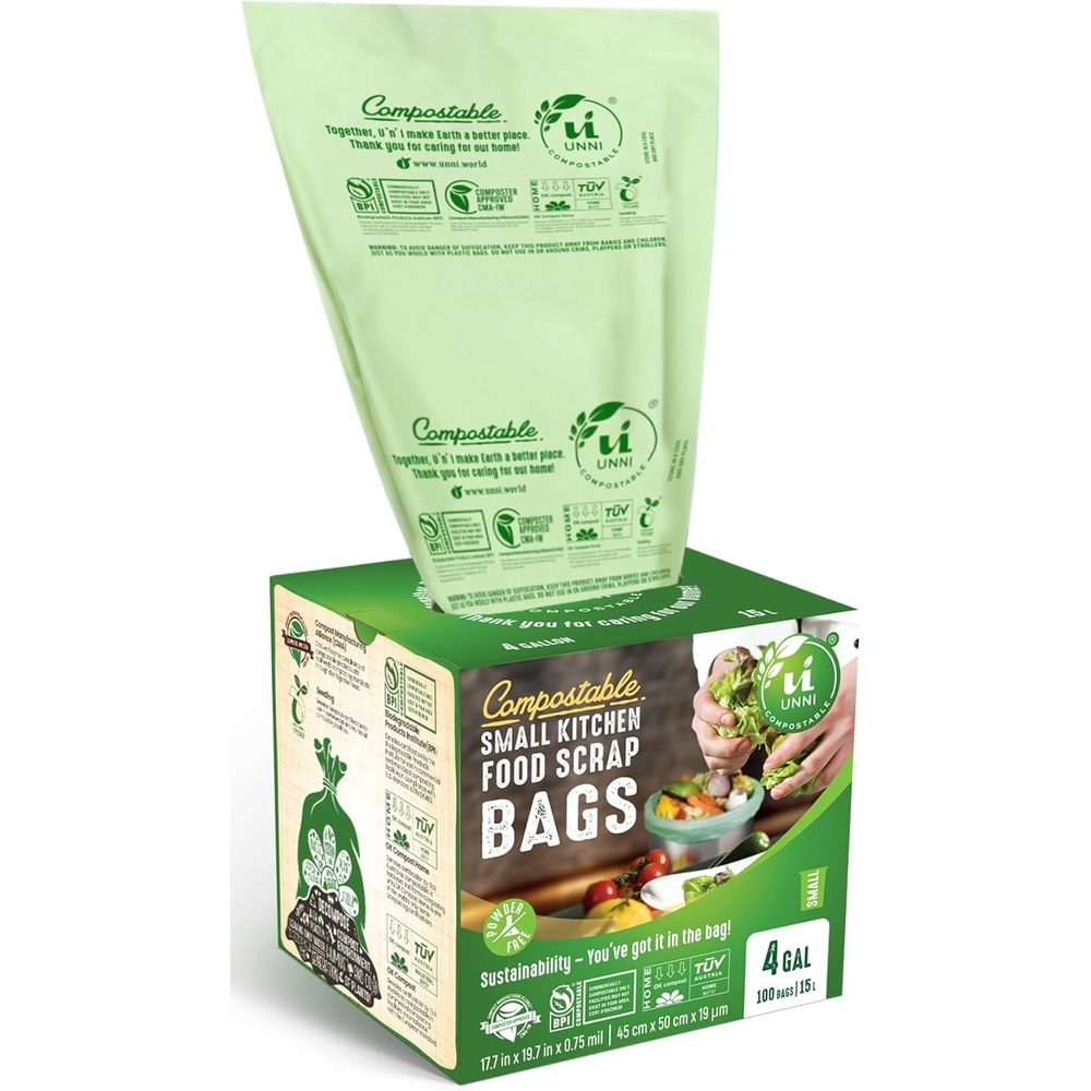 image:imageUNNI Compostable Trash Bags 3 Gallon 1135 Liter 100 Count Extra Thick 071 Mil Small Kitchen Food Scrap Bin Liners Certified by BPI CMA amp OK compost HOME Meets the ASTM D6400 Standard4 Gallon