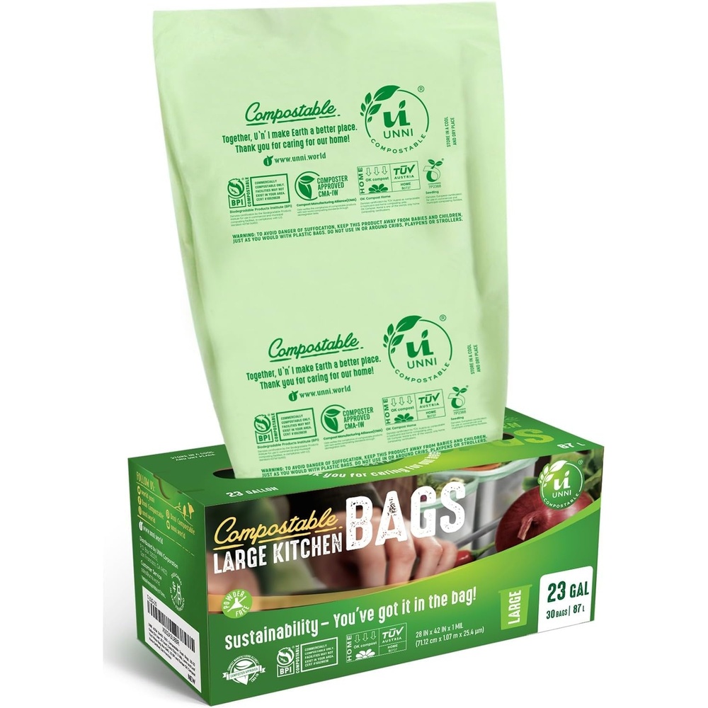 image:imageUNNI Compostable Trash Bags 3 Gallon 1135 Liter 100 Count Extra Thick 071 Mil Small Kitchen Food Scrap Bin Liners Certified by BPI CMA amp OK compost HOME Meets the ASTM D6400 Standard23 Gallon